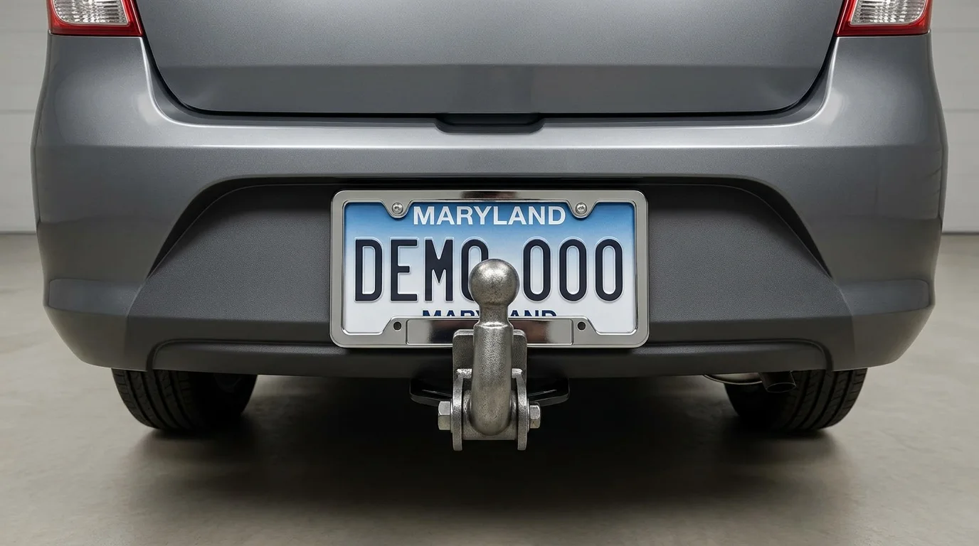 Synthetic close-up of a fictional Maryland DEMO 000 plate partly blocked by an oversized frame and trailer-hitch accessory.