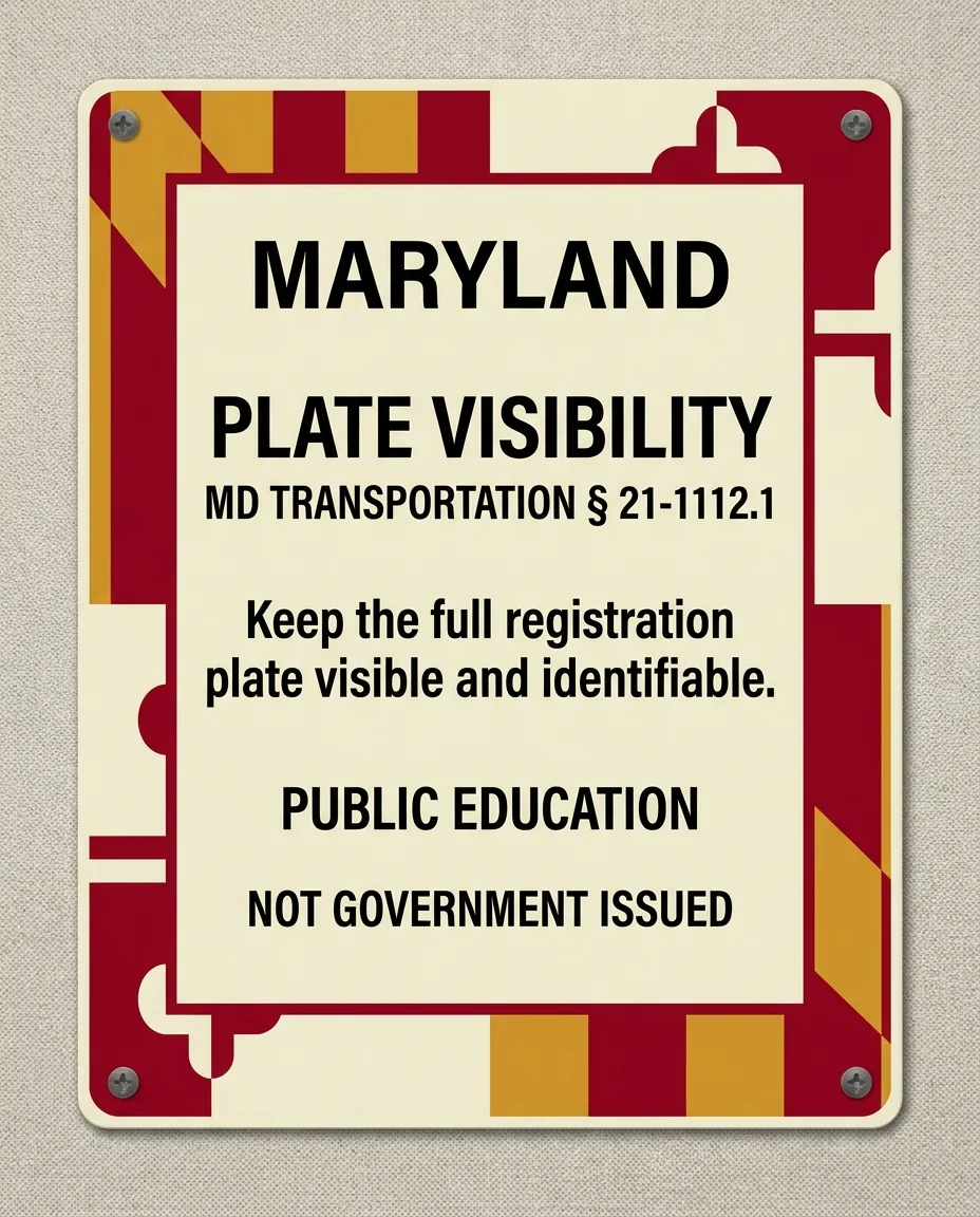 Independent Maryland public-education placard about plate visibility, marked not government issued.